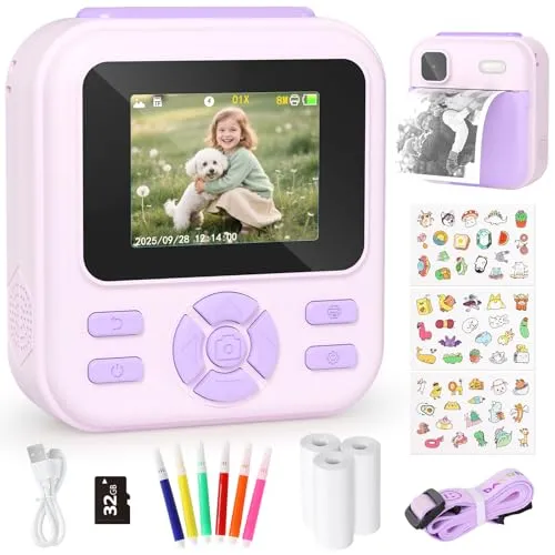 YOHOOLYO Sofortbildkamera Kinder 2,4 Zoll 1080P HD Kinderkamera mit 3 Rollen Druckpapier 32GB Karte Farbigen Stiften Aufkleber Geschenke für Jungen und Mädchen 3-12 Jahre (Violett)