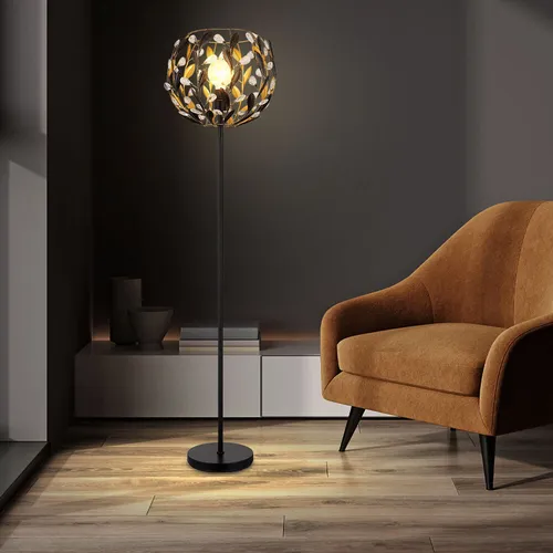 Elegante Stehlampe Schwarz Gold mit Blätter Design - Stehleuchte für Wohnzimmer, kombiniert traditionelles Design mit modernem Stil und funkelnden Kristallen. Ideal für eine warme, einladende Atmosphäre.