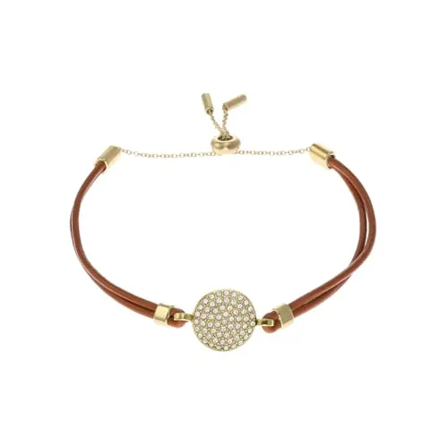 FOSSIL Sadie Glitz Disc Damenarmband aus Leder - Elegantes Armband aus mittelbraunem Leder mit glitzernden Disc-Details und praktischem Schiebeverschluss – perfekt für jeden Anlass.