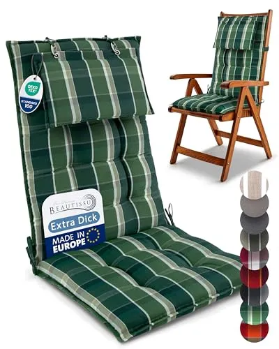 Beautissu 7er Set Premium Hochlehner Auflage Kopfpolster 120x50cm Sun-HL – 8cm Dick Polster Gartenstuhlauflage rutschfest Befestigungsbänder UV-Lichtechtheit 5 – Robust Stoff Grün kariert