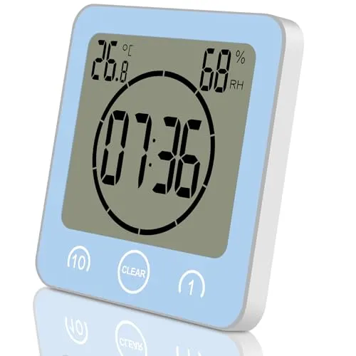 ALEENFOON Digital Badezimmeruhr Duschuhr Wasserdicht mit Saugnapf Thermometer zum Hinstellen Wand Dusche Countdown Timer Digitalwecker Batteriebetrieben Thermometer Hygrometer Innen (Blau)
