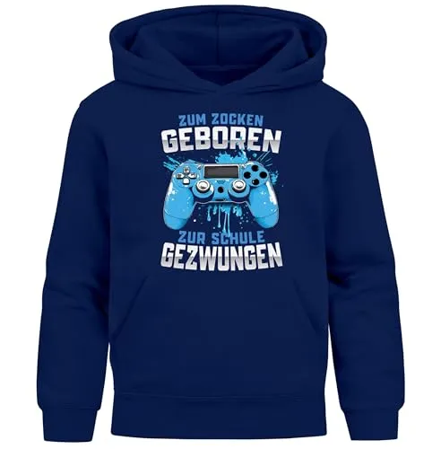 MoonWorks® Kinder Hoodie Jungen Gaming Spruch lustig zum Zocken geboren zur Schule gezwungen Jungengeschenke Navy 152