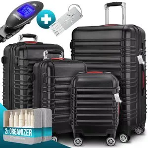 monzana Kofferset mit Zwillingsrollen und Zahlenschloss - Reisekoffer Set in Schwarz, ausgestattet mit Waage, Gepäckgurt und Wäsche-Organizer für stressfreies Reisen.