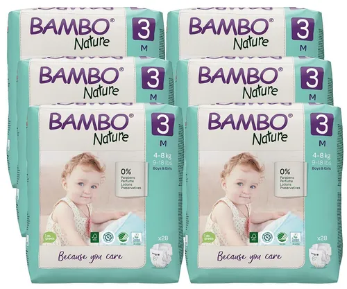 Bambo NATURE Babywindeln Gr. 3 MIDI [M] 4-8 Kg - Umweltfreundliche Einwegwindeln - Windeln der Größe 3 (MIDI 4-8 Kg), aus nachhaltigen Materialien, ideal für empfindliche Babyhaut und hergestellt in Dänemark.