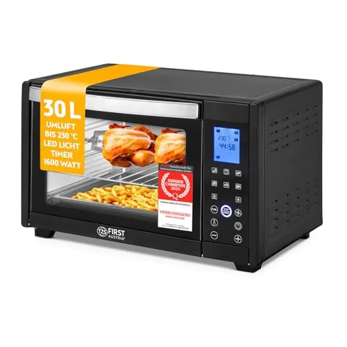 TZS FIRST AUSTRIA Minibackofen 30L - Vielseitiger Tischofen mit Digitalanzeige - Minibackofen mit 30L Volumen und 1600 Watt Leistung, ideal zum Backen und Grillen. Inklusive Drehspieß für perfekte Pizzen und mehr!