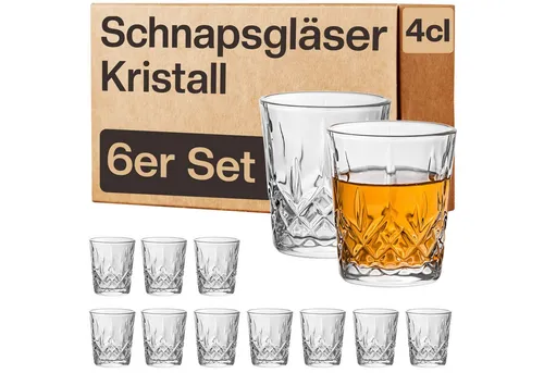 Praknu Schnapsglas 6 Schnapsgläser aus Kristall Glas 4cl - Spülmaschinenfest - Standfest, 6-tlg., Kristallglas, Spülmaschinenfest - Standfest dank dickem Boden - Vintage Design