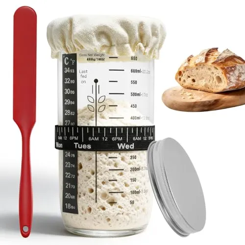 Zencantorous Sauerteig Starter Set, Sauerteig Glas, Sauerteig-Starterglas | 730ml, Sauerteig Set mit Thermometer und Silikonspatel, für Brotbacken und Fermentation, 1 für Anfänger und Zuhause Backen