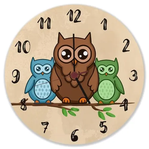 speecheese Eulen auf AST Wanduhr Uhr für Kinder mit süßem Tiermotiv als Dekoration für das Kinderzimmer mit niedlichen Vögeln