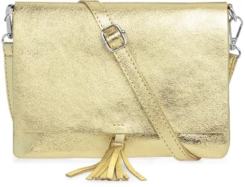 Caspar Elegante Leder Clutch Abendtasche Damen - Gold Metallic - Hochwertige Damen-Clutch aus italienischem Leder, handgefertigt. Vielseitig als Clutch oder Umhängetasche nutzbar, mit verstellbarem Schultergurt und elegantem Quasten-Detail.
