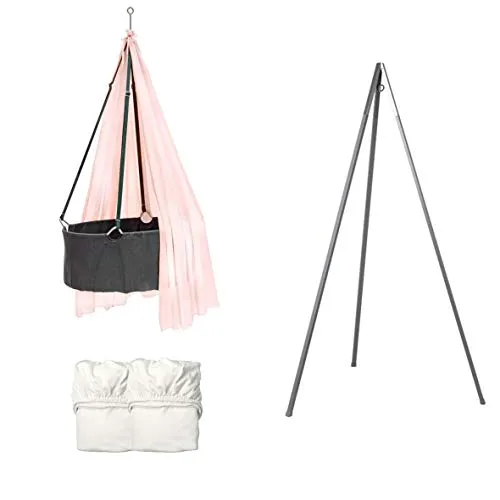Wiegen-SET - Wiege mit Stativ grau, Schleier dusty rose und 2 Stück Spannbetttücher weiß