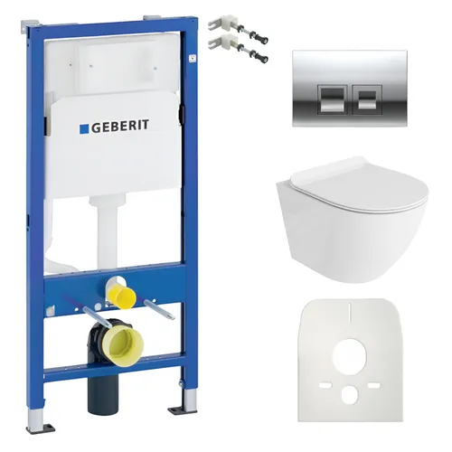 DOMINO Geberit Duofix Basic Vorwandelement + Wand-WC Tiefspül Sofi Slim Becken Weiß Spülrandlos + Silber Bedienplatte Delta 25 für Doppelspülung | Set