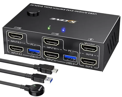 USB 3.0 HDMI KVM Switch 2 PC 2 Monitore 4K@60Hz 2K@144Hz, Simulation EDID, MLEEDA 2 PC 2 Monitor Switch mit 4 USB 3.0 Ports für Tastatur Maus, Kabelfernbedienung und Kabel Inbegriffen