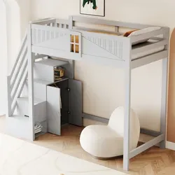 Hochbett Massivholz Grau 90x200 Cm Mit Sicherheitsumrandung, Fenster, Wechselbarer Leiter Und Seitlichen Ablagen