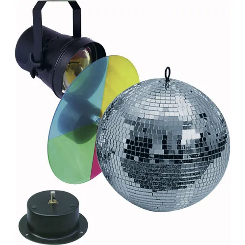 Showtec Mirrorball Set 2 - 30cm Motor - Discokugel-Set mit 30cm Spiegelkugel, inklusive Motor und Pin Spot. Perfekt für kleine Clubs und Partykeller, sofort einsatzbereit für unvergessliche Lichtspiele.