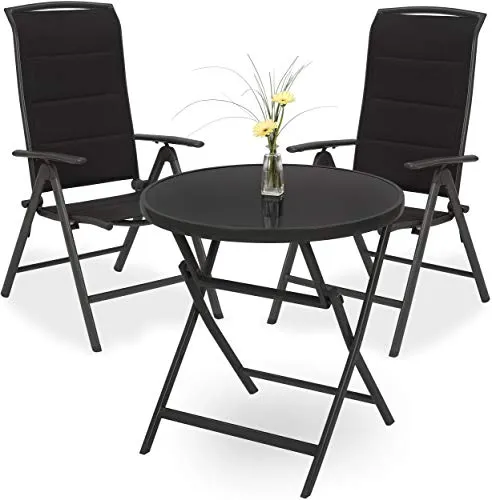 BRUBAKER Garten Sitzgruppe Milano - 1 Glastisch & 2 Hochlehner Stühle - Esstische: Wetterfeste Aluminium-Sitzgruppe mit klappbarem Tisch und bequemen Stühlen für entspanntes Sitzen im Freien.