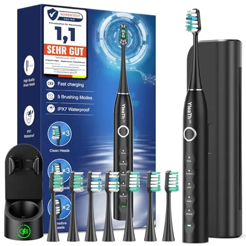 YTEATH PRO Elektrische Zahnbürste, Schallzahnbürste für Erwachsene und Kinder Electric Toothbrush mit 8 Bürstenköpfen und Timer, 5 Putzmodi, Reiseetui, 120 Tagen Akkulaufzeit, 50,000vpm, Black