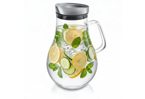 Arendo Karaffe Glaskaraffe 2,0 L, Edelstahldeckel, Henkel, Grobfilter, Wasserkaraffe, (1-tlg., 2000 ml mit Edelstahl-Deckel, Grobfilter und ergonomischem Henkel), Borosilikatglas, 2000 ml, Sieb, hitze- und kältebeständig, BPA-frei