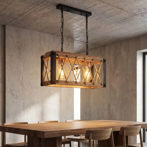 Hängeleuchte Metall Holz 2-flammig in Schwarz geflammtes Kupfer - Rustikale Pendelleuchte aus Metall und geflammtem Holz, ideal für Küche und Esszimmer. Der offene Schirm sorgt für eine großzügige Lichtstreuung und setzt dekorative Akzente in jedem Raum.