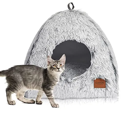 CATISM Katzenbett Waschbar Katzenschlafplatz für Katzen Katzenhöhle Plüsch Haustier Katzenkopfkissen Katzenhaus Katzenkissen Flauschiges Kätzchen Welpen Kuschelbett Haustierbett Grau