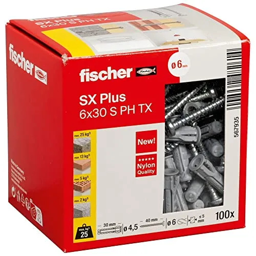 fischer Spreizdübel SX Plus 6 x 30 S PH, Schachtel mit 100 Nylondübeln und passenden Schrauben, Dübel für optimalen Halt bei Befestigungen in Beton, Vollziegel, Porenbeton, Hochlochziegel uvm.