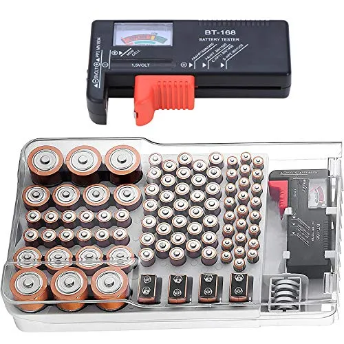 Kyrio Batterie Organizer Aufbewahrung mit herausnehmbarem Batterietester, Batterie-Aufbewahrungsbox mit Klarsichtdeckel, hält 93 verschiedene Größen Batterien für AAA AA 9V C D Batterieteller