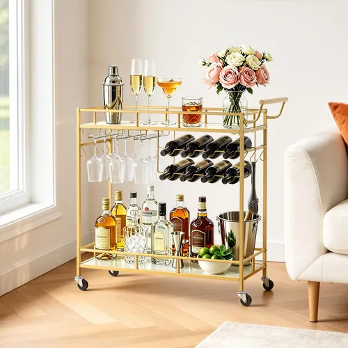 VEVOR Barwagen mit 2 Ebenen und Glashalter in Gold