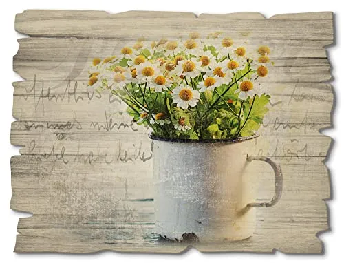 ARTland Wanddeko Bild aus Holz Holzbild vintage Deko 40x30 cm Querformat Gänseblümchen Blumen Botanik Frühling Schriftzug Landhausstil T4UE