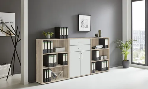 BMG Möbel Regalwand Office Edition Set 14 - Moderne Regalwand in Eiche Sonoma und weiß matt, Made in Germany. Ideal für Ihr Büro, bietet ausreichend Stauraum und fügt sich harmonisch in Ihr Arbeitsumfeld ein.