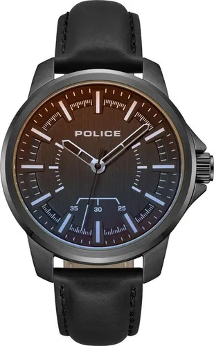 Police Mensor Herrenuhr - Elegantes Design mit schwarzem Lederarmband - Armbanduhr Herren mit Quarzwerk und 5 ATM wasserdicht. Stilvolles schwarzes Ziffernblatt und charakteristisches blau-orangefarbenes Glas sorgen für einen einzigartigen Look.