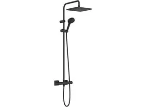 hansgrohe Vernis Shape Duschsystem 240 mit Thermostat - Brausegarnituren, geometrisches Design und Komfort in mattschwarz für ein modernes Duscherlebnis.