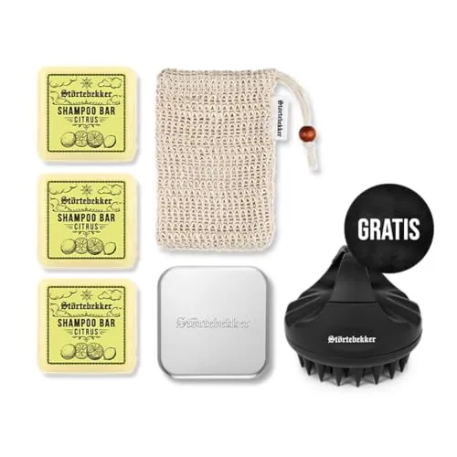 Störtebekker® Premium Duschset - Festes Shampoo Citrus (x3) mit GRATIS Scalp Brush - Erleben Sie sanfte Haarreinigung mit unserem handgefertigten festen Shampoo. Ideal für Reisen, mit praktischer Seifendose und Sisalsäckchen für optimale Anwendung. Angenehme Düfte sorgen für Entspannung.