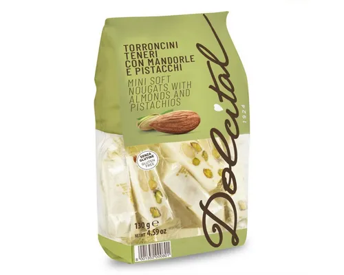 Dolcital Süßigkeit Torroncini mit Mandeln und Pistazien, Torroncini Teneri Mini Pistacchi, 130 g, weicher weißer Nougat, einzeln verpackt, Glutenfrei