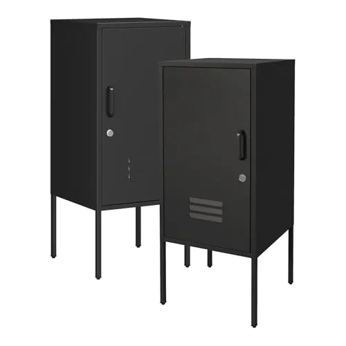 [en.casa] Nachtschrank Hausjärvi 2er Set Nachttisch 82 x 35 x 35 cm Nachtkästchen Beistellschrank mit 1 Tür Metallschrank Türgriff rechts und Links Büroschrank abschließbar Stahl Schwarz