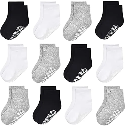 GRPSKCOS Rutschfeste Socken Kinder 12 Paar Stoppersocken Kinder ABS Socken Kinder Antirutschsocken für Jungen Mädchen(#2 Weiß/Grau/Schwarz-12 Paar,5-7 Jahre)