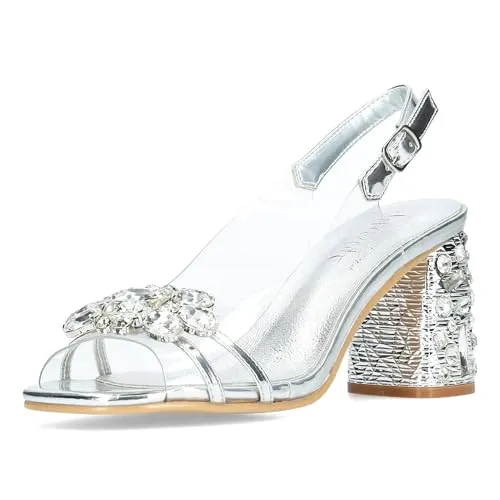Laura Vita MARLEN-03 Damen Sandalette in Silber mit Perlen - Wanderschuhe mit schimmernden Perlen und 8 cm Blockabsatz für eleganten Auftritt und sicheren Gang, ideal für besondere Anlässe und den Alltag.