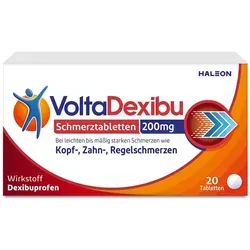 VoltaDexibu Schmerztabletten Dexibuprofen 200 mg - Arzneimittel zur effektiven Schmerzlinderung mit nur 200 mg Dexibuprofen – wirkt schnell nach 15 Minuten und ist laktose- sowie glutenfrei. Ideal gegen Kopfschmerzen, Zahnschmerzen und Regelschmerzen.