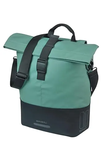 BASIL Cove MIK Hooks Gepäckträger-Fahrradtasche in Silbergrün/Schwarz - Moderne Fahrradtasche mit 14-16 Litern Volumen, wasserabweisendem Faltverschluss und abnehmbarem Schulterriemen. Ideal für den Stadtverkehr und stilvoll im Design.