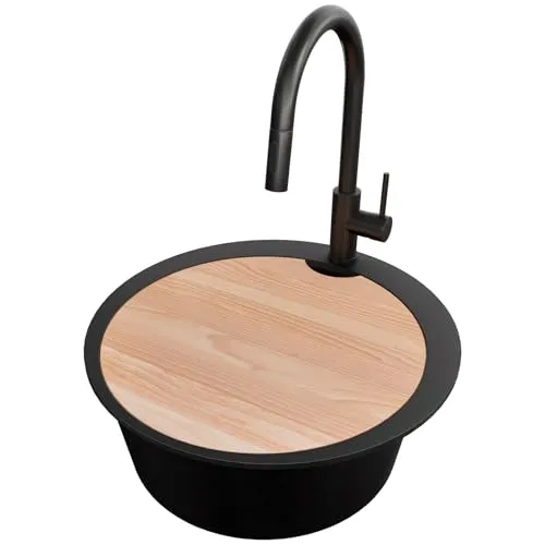 PRIMAGRAN Granitspüle Alles Schwarz 53x53cm, Spülbecken Rund 1 Becken + Küchenarmatur 40x20cm + Zuberhor-Set, Küchenspüle ab 50er Unterschrank - Pisa Max S032