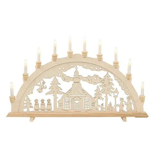 Dekohelden24 10-flammiger Schwibbogen Seiffen - Weihnachtlicher Zierschmuck mit 10 Flammen, inklusive Anschlusskabel und Ersatzglühbirne. Verzaubern Sie Ihr Zuhause mit festlicher Stimmung und Gemütlichkeit!