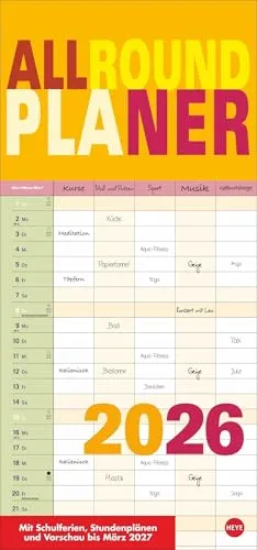 Allroundplaner 2026: Praktischer Wandplaner mit 5 Spalten. Wandkalender mit Schulferien und 3-Monats-Ausblick. Termin-Kalender 2026. 21 x 45 cm. (Familienplaner Heye)