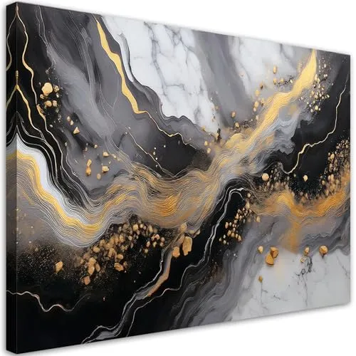 Feeby Wandbild - Wohnzimmer Modern Deko - Abstrakt Marmor Gold - 60x40 cm 1tlg - Bilder Leinwand - Bild auf Leinwand Schlafzimmer - Leinwandbilder für die Wand - Canvas Painting - Fotokunst