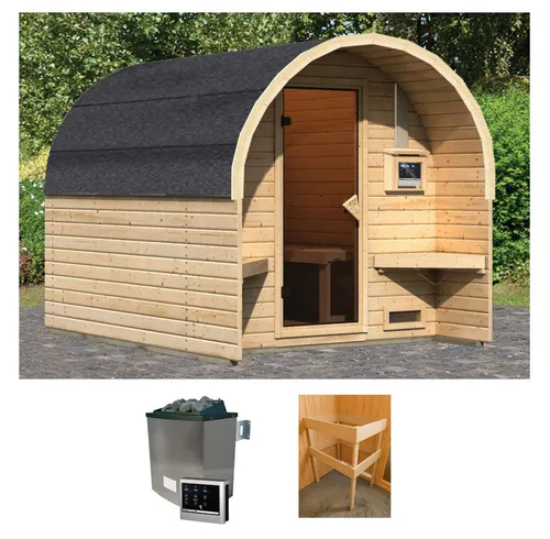 Karibu Fasssauna Fasshaus 2, BxTxH: 219 x 295 x 229 cm, 40 mm, Set mit 9 KW Ofen - Genießen Sie Ihre persönliche Auszeit mit der Karibu Fasssauna. Ideal für entspannende Momente, bietet sie Platz für bis zu 2 Personen und hochwertige Verarbeitung für langlebige Freude.