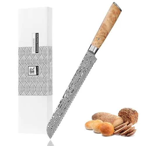 Zayiko Kinone Brotmesser 23 cm - Damaststahl mit Wurzelholzgriff - Küchenmesser mit 23 cm Damastklinge, handgefertigt aus 67 Schichten für außergewöhnliche Schärfe und ein haptisches Erlebnis durch den eleganten Birkenwurzelholzgriff.