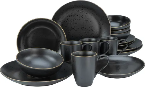 CreaTable 22699 Serie Industrial Gold BLACK, 16-teiliges Geschirrset - Kombiservice aus Steinzeug, spülmaschinen- und mikrowellengeeignet, vereint elegantes Industrial Design mit gehobener Qualität für jeden Anlass.
