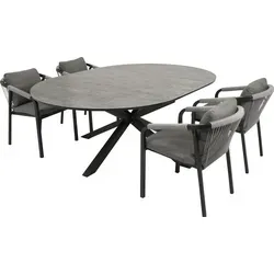 Garnitur LYON 5-teilig – Alu + ECP + Rope grau - Gartenmöbel-Set LYON – Ausziehbarer Tisch für bis zu 8 Personen, wetterfest und pflegeleicht, ideal für gesellige Abende im Freien.