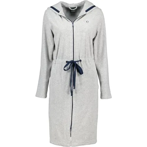 Cawö Home Bademäntel Damen Kurzmantel Active 821 grau-melange-navy - 71 XL - Bademantel für Damen mit Kapuze, Reißverschluss und Tunnelgürtel aus hautfreundlichem Baumwoll-Mischgewebe für höchsten Komfort und modernes Design.