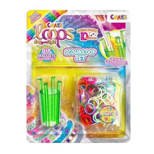CRAZE LOOPS Scoubiloop - Loom Bänder Knüpfkopf & Häkelnadel für Silikonringe , Gummibänder Zubehör , Armbänder selber machen Kinder