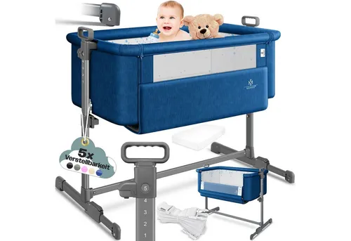 KESSER® Zustellbett Hubi 3in1 Baby Beistellbett - Babybett mit 5-fach höhenverstellbarer Funktion und leicht herunterklappbarer Seitenwand für eine enge Bindung zwischen Eltern und Baby – ideal für Zuhause und unterwegs.