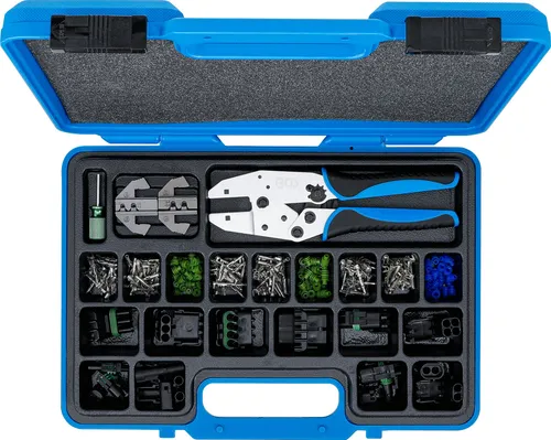 BGS 9097 Crimpzangen-Satz mit wasserdichten Steckverbindern - 220-tlg. Werkzeug-Set zur Reparatur und Neuverkabelung mit Schnellwechsel-Ratschen-Crimpzange, ideal für professionelle Anwendungen und langlebige Verbindungen.