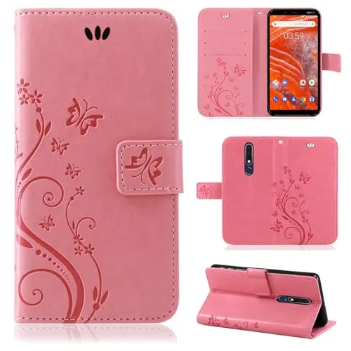 betterfon Hülle Kompatibel mit Nokia 5.1 Plus | Premium PU Leder Handyhülle Wallet Case für 5.1 Plus | Schutzhülle Blumen Klapphülle Handyhülle | Rosa